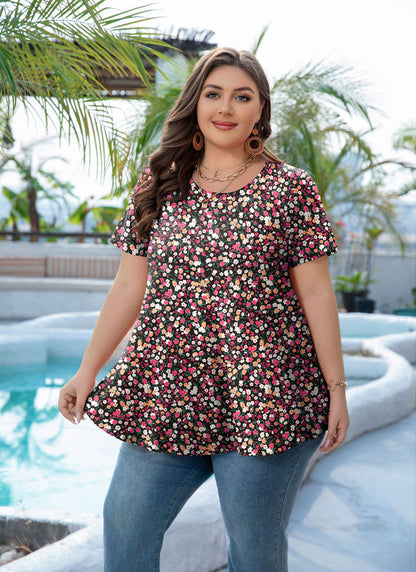 Women's Plus Size Pink Floral Tunic Top – Short Sleeve Casual Swing Blouse