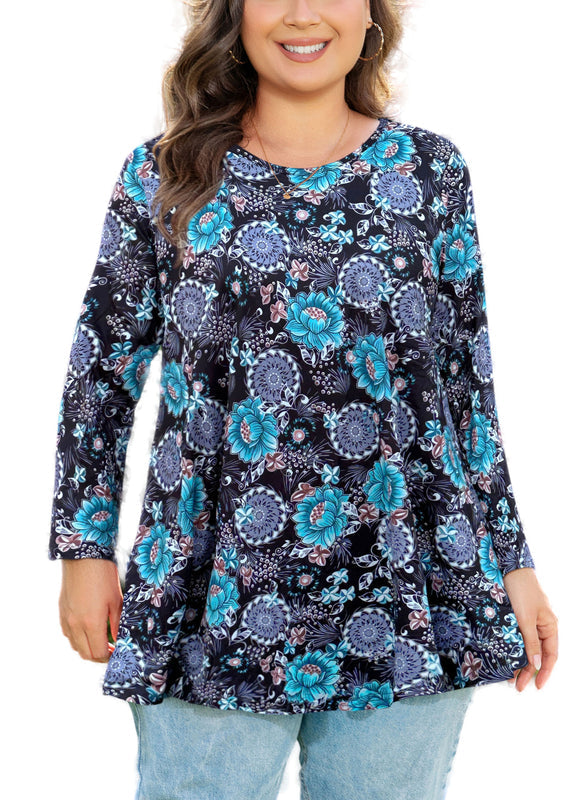 Women's Plus Size Floral Tunic Top – 3/4 Sleeve Swing Flare Blouse, S–7XL