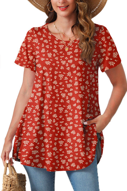 Rust Red Ditsy Floral Print Tunic Top – Women's Plus Size Short Sleeve Swing Blouse to Wear with Leggings (S–7XL)