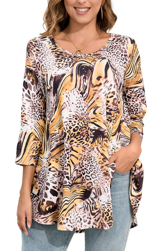 Women's Plus Size Animal Print Tunic Top – 3/4 Sleeve Swing Flare Blouse