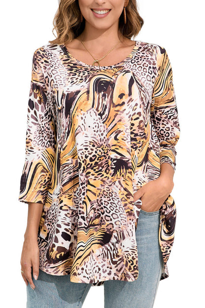 Women's Plus Size Animal Print Tunic Top – 3/4 Sleeve Swing Flare Blouse