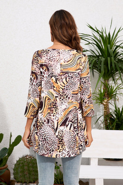 Women's Plus Size Animal Print Tunic Top – 3/4 Sleeve Swing Flare Blouse