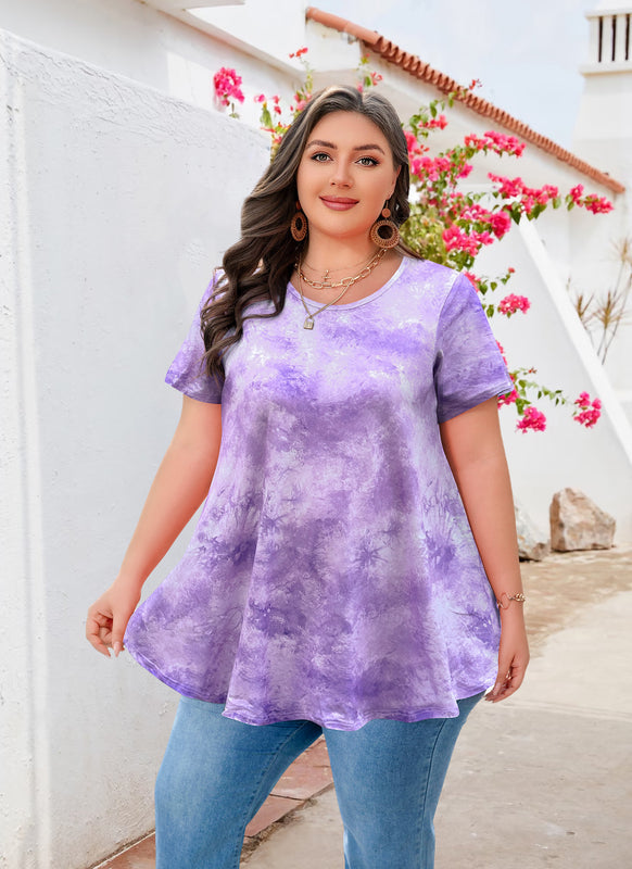 Women's Plus Size Tie Dye Tunic Top – Short Sleeve, Flowy Swing Blouse in Lavender