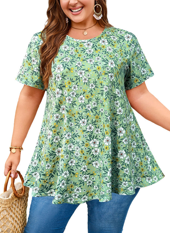 Women's Plus Size Sage Green Floral Tunic Top – Short Sleeve Swing Blouse