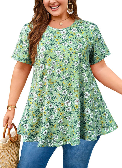 Women's Plus Size Sage Green Floral Tunic Top – Short Sleeve Swing Blouse