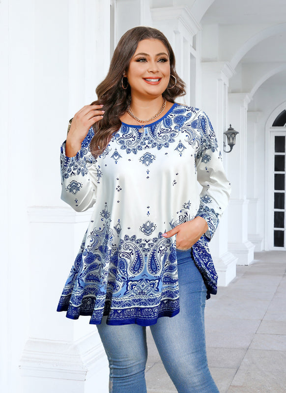 Women's Plus Size Blue & White Floral Tunic Top – 3/4 Sleeve Swing Flare Blouse