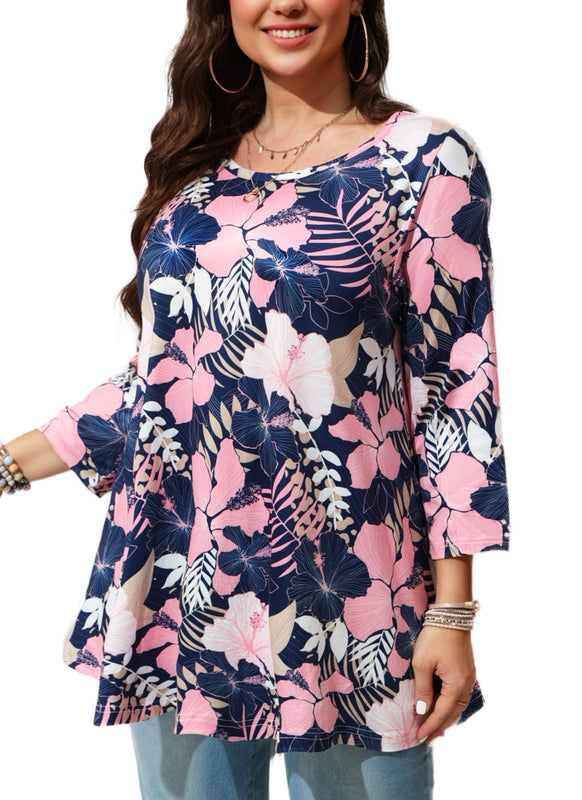 Pink Tropical Hibiscus Floral Tunic Top – Women's Plus Size 3/4 Sleeve Swing Blouse (S–7XL)
