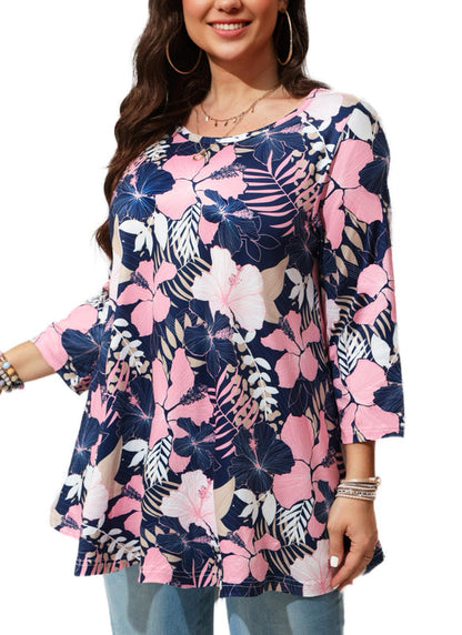 Pink Tropical Hibiscus Floral Tunic Top – Women's Plus Size 3/4 Sleeve Swing Blouse (S–7XL)