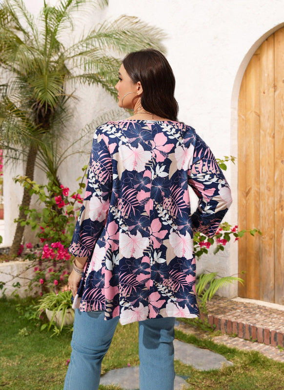 Pink Tropical Hibiscus Floral Tunic Top – Women's Plus Size 3/4 Sleeve Swing Blouse (S–7XL)