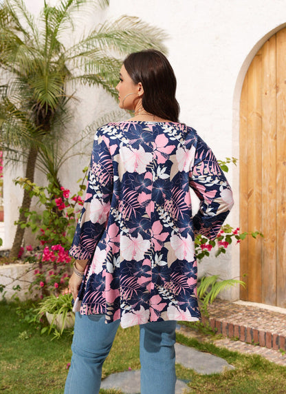 Pink Tropical Hibiscus Floral Tunic Top – Women's Plus Size 3/4 Sleeve Swing Blouse (S–7XL)