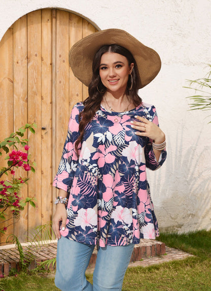 Pink Tropical Hibiscus Floral Tunic Top – Women's Plus Size 3/4 Sleeve Swing Blouse (S–7XL)