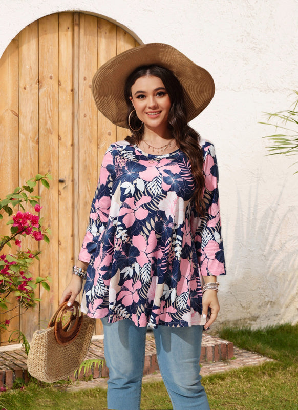 Pink Tropical Hibiscus Floral Tunic Top – Women's Plus Size 3/4 Sleeve Swing Blouse (S–7XL)