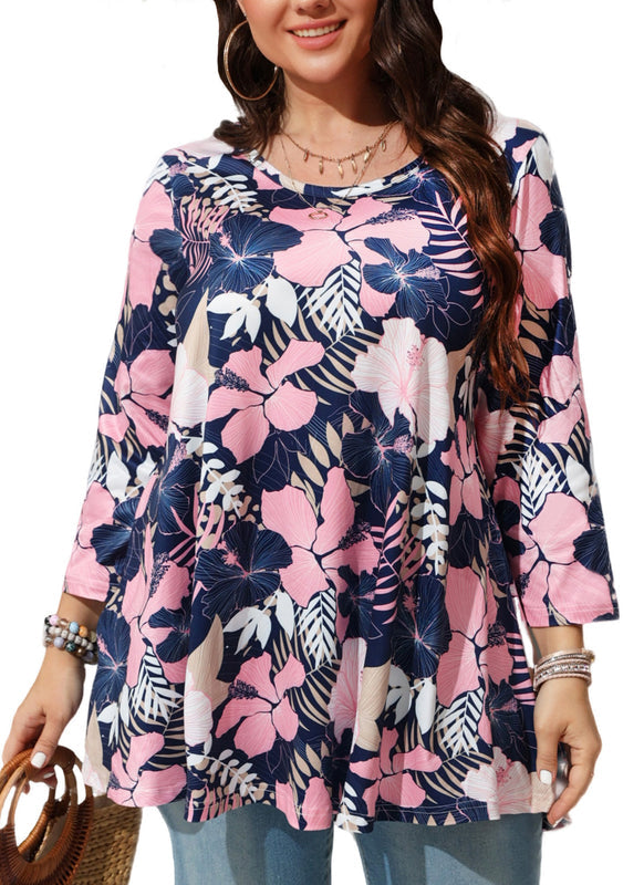 Pink Tropical Hibiscus Floral Tunic Top – Women's Plus Size 3/4 Sleeve Swing Blouse (S–7XL)