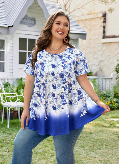Women's Plus Size Floral Tunic Top – Short Sleeve, Flowy Swing Blouse to Wear with Leggings