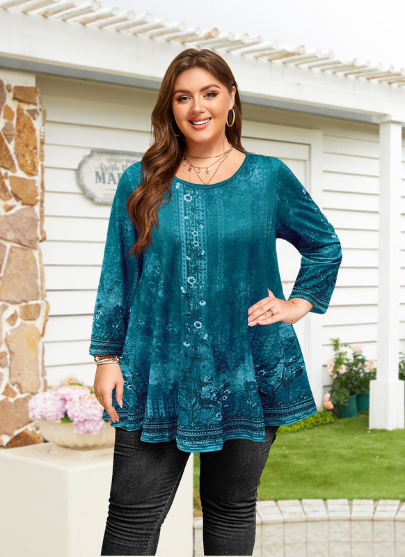 Women's Plus Size Teal Floral Tunic Top – 3/4 Sleeve Swing Flare Blouse