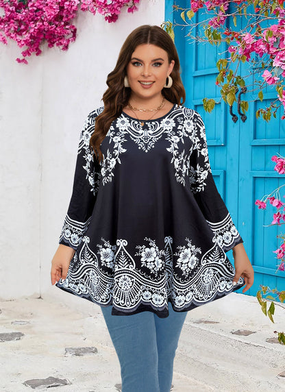 Women's Plus Size Tunic Top | Black & White Print Swing Flare Blouse for Leggings