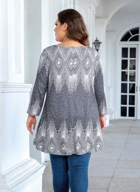 Women's Plus Size Grey Art Deco Print Tunic Top – 3/4 Sleeve Swing Blouse with Pockets