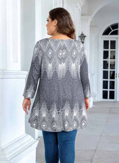 Women's Plus Size Grey Art Deco Print Tunic Top – 3/4 Sleeve Swing Blouse with Pockets