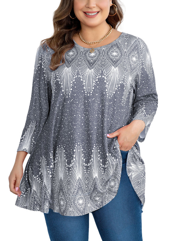 Women's Plus Size Grey Art Deco Print Tunic Top – 3/4 Sleeve Swing Blouse with Pockets