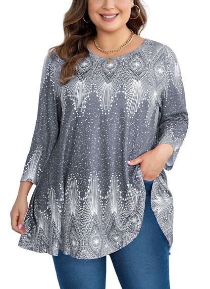 Women's Plus Size Grey Art Deco Print Tunic Top – 3/4 Sleeve Swing Blouse with Pockets