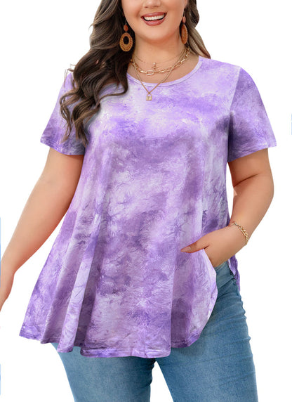 Women's Plus Size Tie Dye Tunic Top – Short Sleeve, Flowy Swing Blouse in Lavender