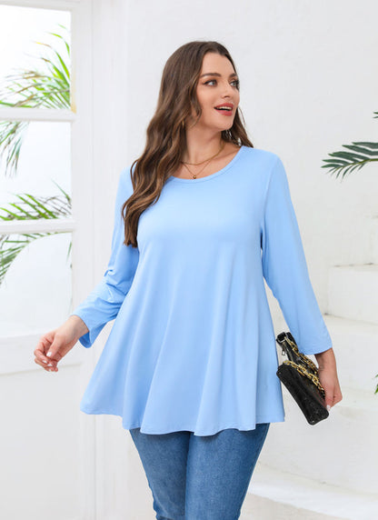 Women's Plus Size Tunic Top | 3/4 Sleeve Light Blue Swing Flare Blouse for Leggings