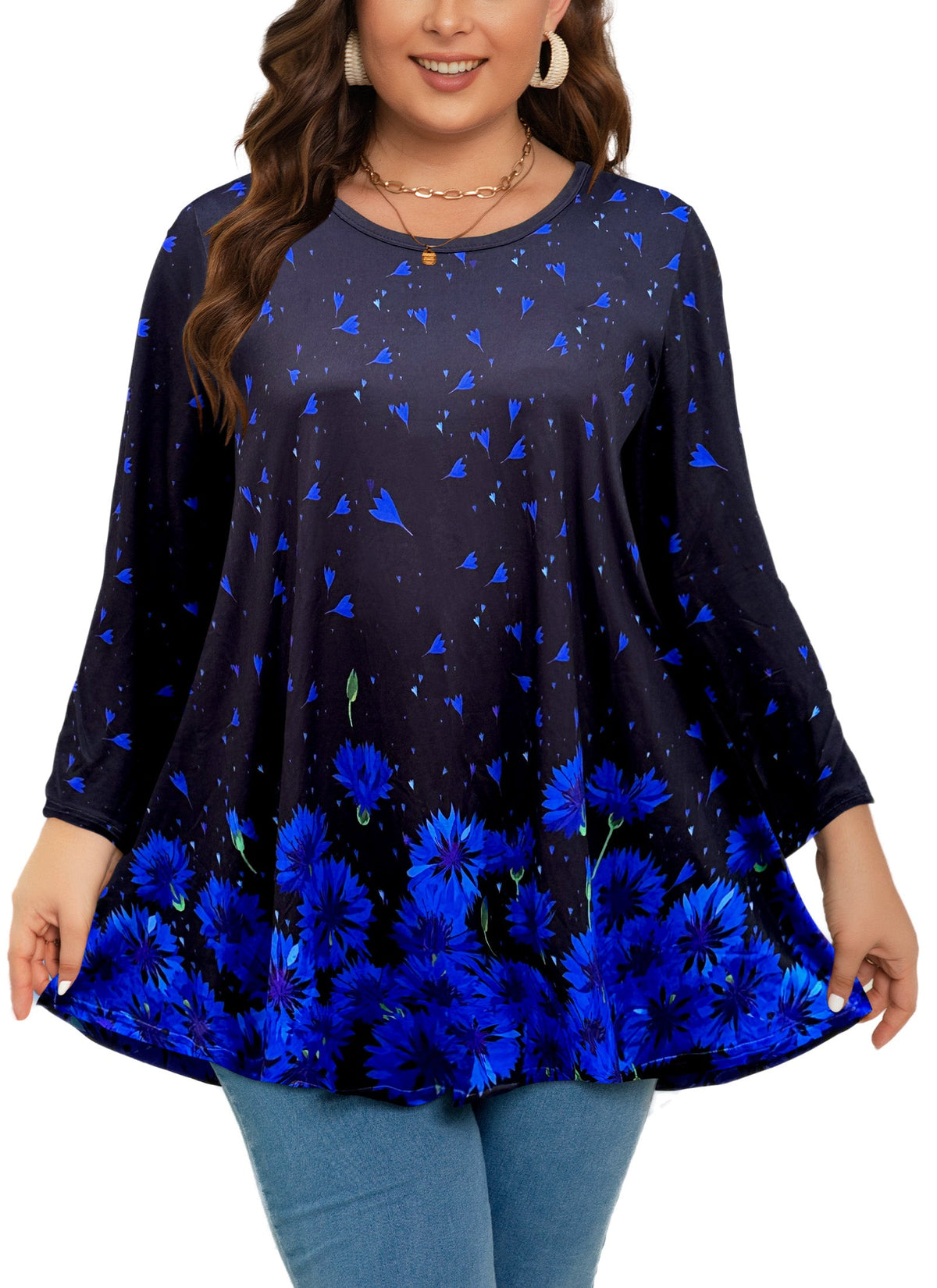 Women's Plus Size Royal Blue & Black Tunic Top – 3/4 Sleeve Swing Flare Blouse