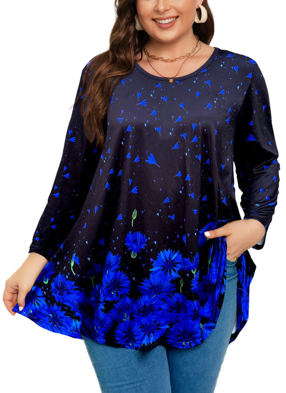 Women's Plus Size Royal Blue & Black Tunic Top – 3/4 Sleeve Swing Flare Blouse