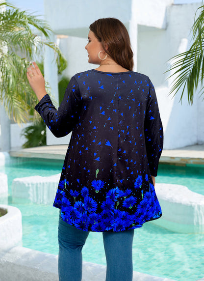 Women's Plus Size Royal Blue & Black Tunic Top – 3/4 Sleeve Swing Flare Blouse