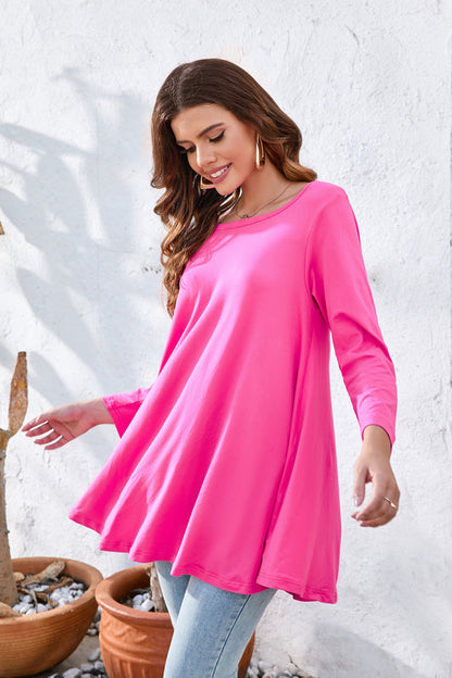 Women's Plus Size Hot Pink Swing Flare Tunic Top | 3/4 Sleeve