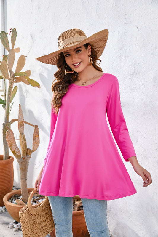 Women's Plus Size Hot Pink Swing Flare Tunic Top | 3/4 Sleeve