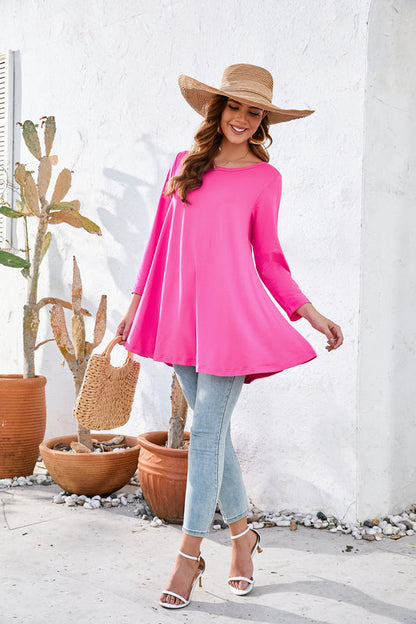Women's Plus Size Hot Pink Swing Flare Tunic Top | 3/4 Sleeve