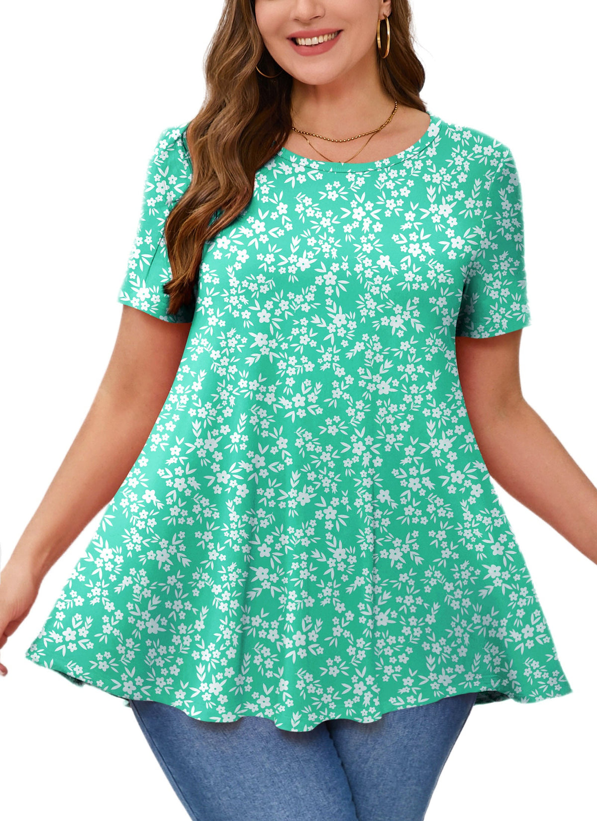 Turquoise Green Ditsy Floral Print Tunic Top – Women's Plus Size Short Sleeve Swing Blouse to Wear with Leggings