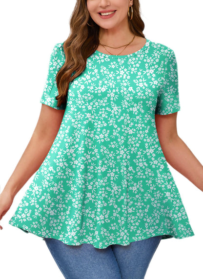 Turquoise Green Ditsy Floral Print Tunic Top – Women's Plus Size Short Sleeve Swing Blouse to Wear with Leggings