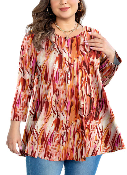 Women's Plus Size Burnt Orange Abstract Print Tunic Top – 3/4 Sleeve Flowy Blouse