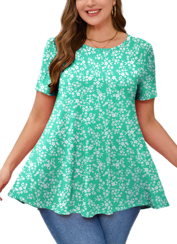 Turquoise Green Ditsy Floral Print Tunic Top – Women's Plus Size Short Sleeve Swing Blouse to Wear with Leggings