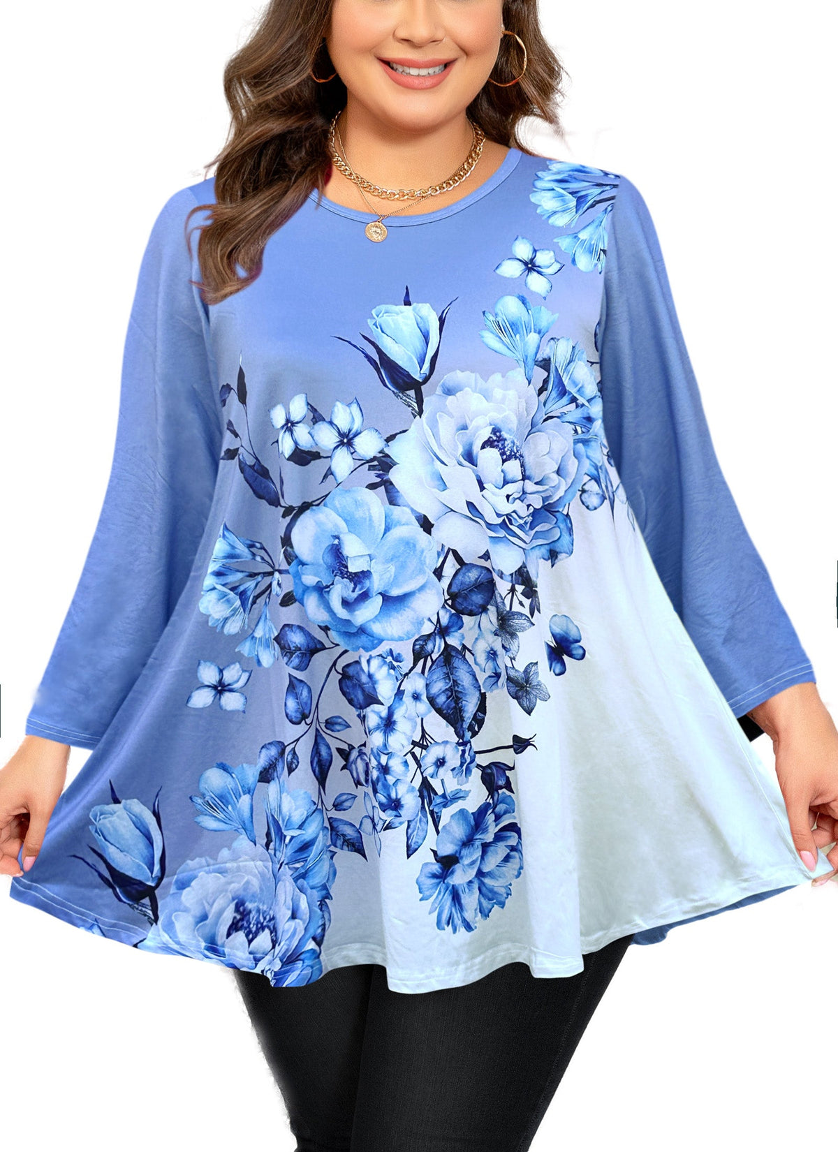 Women's Plus Size Blue & White Floral Tunic Top – 3/4 Sleeve Swing Flare Blouse