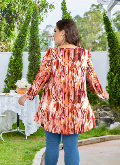 Women's Plus Size Burnt Orange Abstract Print Tunic Top – 3/4 Sleeve Flowy Blouse