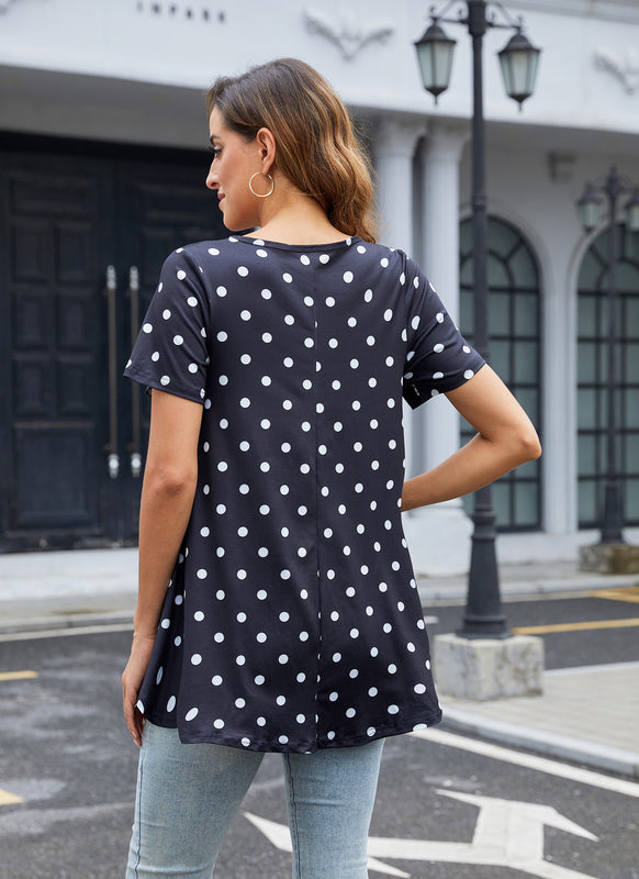 Navy Blue Polka Dot Print Tunic Top – Women's Plus Size Short Sleeve Swing Blouse to Wear with Leggings (S–7XL)