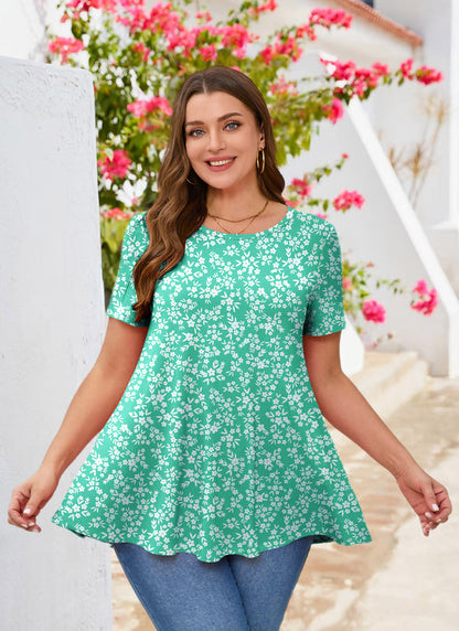 Turquoise Green Ditsy Floral Print Tunic Top – Women's Plus Size Short Sleeve Swing Blouse to Wear with Leggings