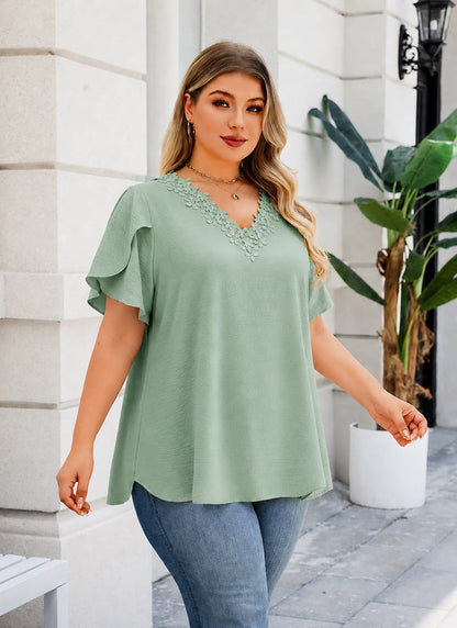 Women's Plus Size Floral Trim Tunic Top | V-Neck Short Sleeve Blouse – Sage Green