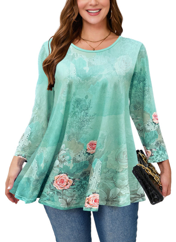 Women's Plus Size Tunic Top | 3/4 Sleeve Blue Floral Print Swing Flare Blouse