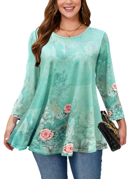 Women's Plus Size Tunic Top | 3/4 Sleeve Blue Floral Print Swing Flare Blouse