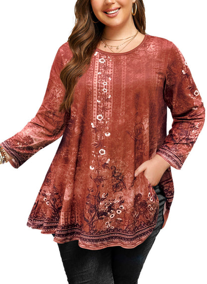 Women's Plus Size Rust Boho Floral Tunic Top – 3/4 Sleeve Vintage Embroidery Print Blouse
