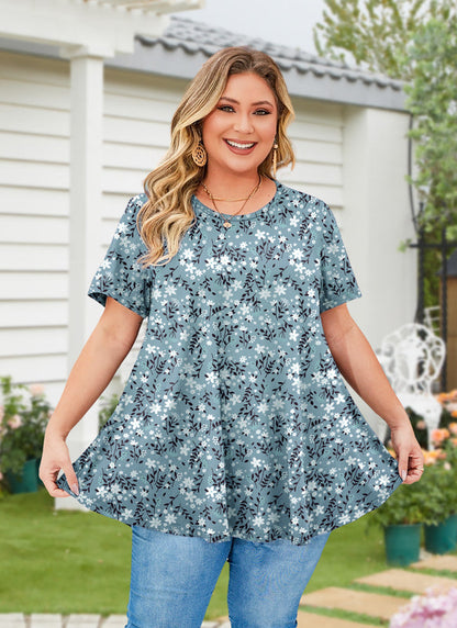 Women's Plus Size Teal & White Tunic Top – Short Sleeve Swing Blouse