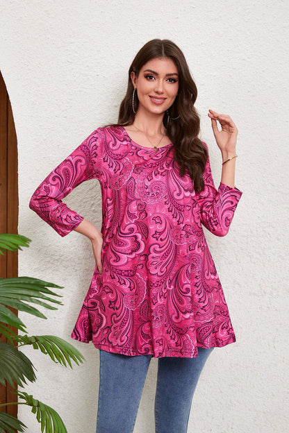 Women's Plus Size Hot Pink Paisley Tunic Top | 3/4 Sleeve Swing Flare Blouse