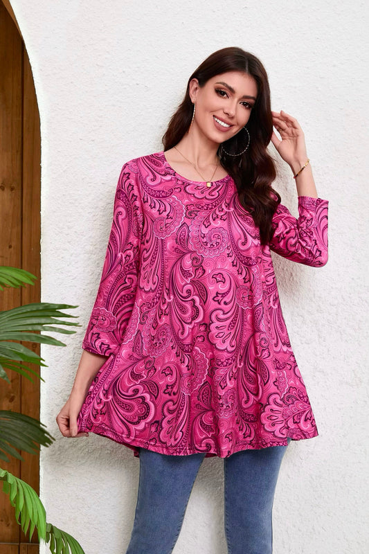 Women's Plus Size Hot Pink Paisley Tunic Top | 3/4 Sleeve Swing Flare Blouse