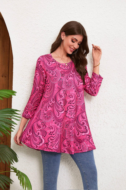 Women's Plus Size Hot Pink Paisley Tunic Top | 3/4 Sleeve Swing Flare Blouse