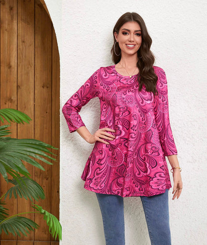 Women's Plus Size Hot Pink Paisley Tunic Top | 3/4 Sleeve Swing Flare Blouse