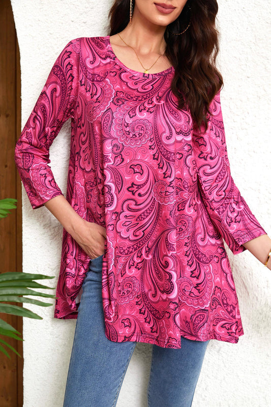 Women's Plus Size Hot Pink Paisley Tunic Top | 3/4 Sleeve Swing Flare Blouse